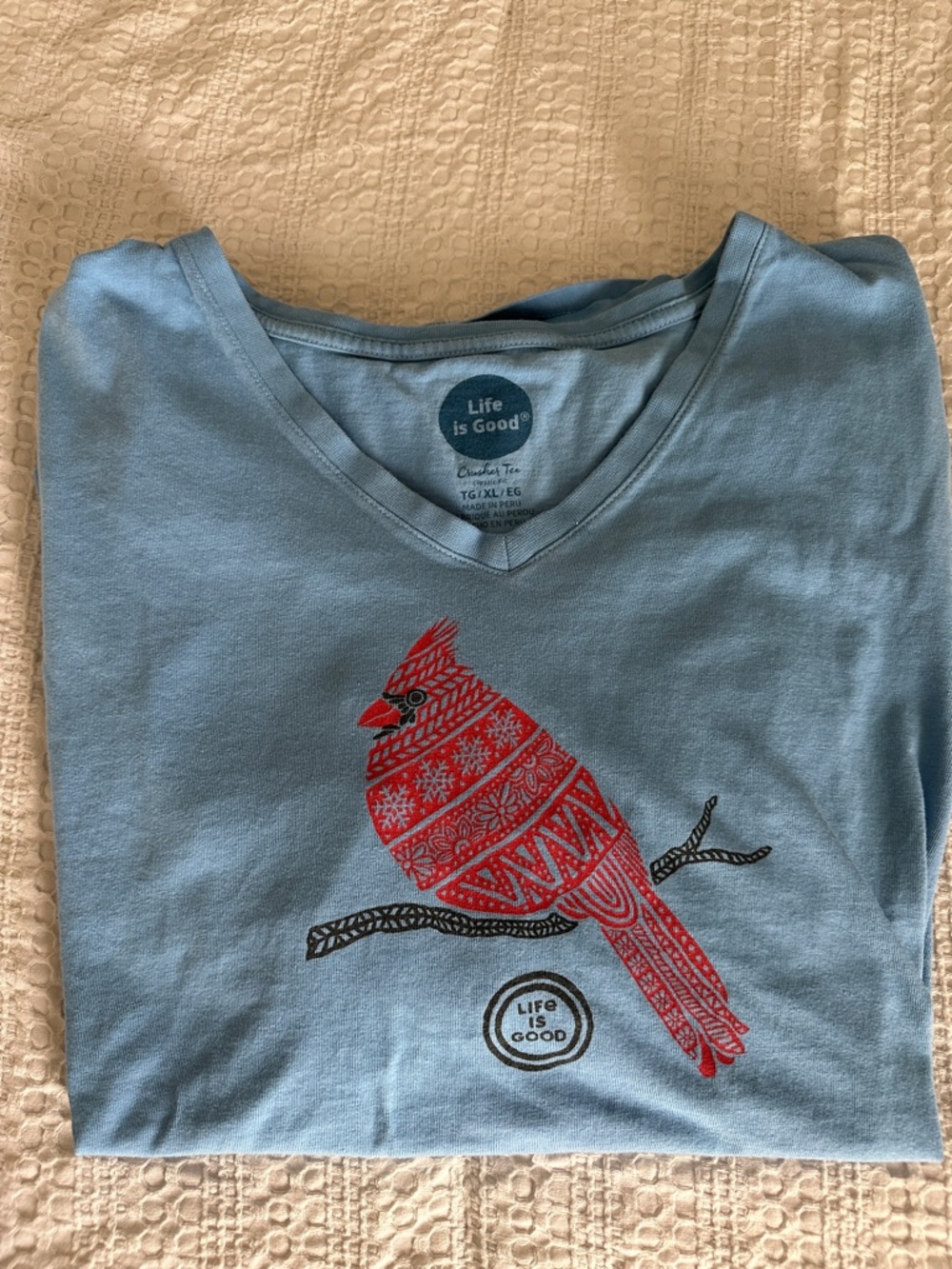 Life Is Good Light Blue Crusher V-Neck Long Sleeve Tee with Red Cardinal - XL